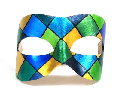 masquerade mask blue green yellow diamond pattern front