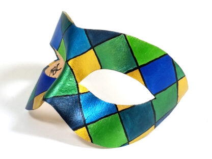 masquerade mask blue green yellow diamond pattern left side